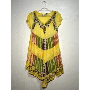 Sante colorful yellow paisley print sun dress kaftan womens OS bohemian hipster